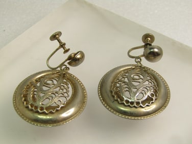 Vintage Filigree Decorated Hoop Drop Screw Back Earrings, 1960's-1970's