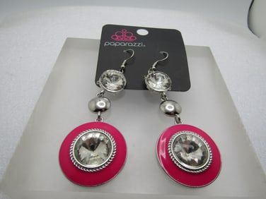 Pink Enameled & Rhinestone Necklace, Bracelet, Earrings, & Ring, Paparazi, New-on-Card, 2000 and