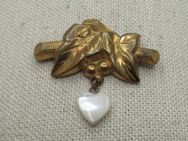 Grape leaves  & Dangling Heart Brooch, 1920's-1930's, MOP, C-Clasp