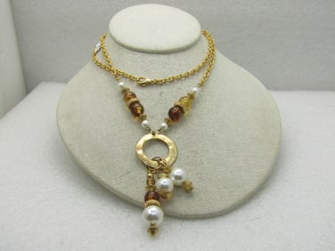Vintage Gold Tone Faux Pearl Amber Necklace, 1980's, Gold Tone, 26"