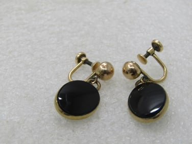 Vintage 12kt G.F. Black Dangle Earrings, Screw Back, Signed WRE, 1960's