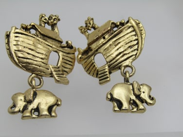 Noah's Ark Earrings, Dangling Elephant Charm, Pierced