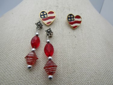 Vintage Pair of Patriotic Heart Flag & Red Dangle Earrings
