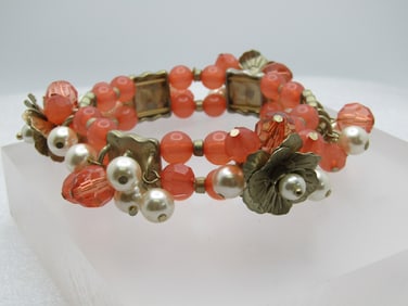 Vintage Floral Dangle Stretch Bracelet, Pink & Faux Pearl.  1990's