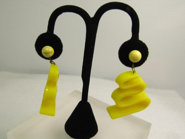 Vintage Yellow Curved Earrings, Stud and Dangle, Screwback,  1960's Boho