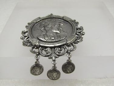 Vintage Roman Gladiator Coin Brooch/Pendant with Dangles, 1970's
