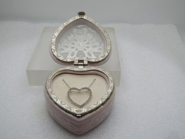 Vintage 10kt Diamond Heart Necklace in Hinged Heart Trinket Box, 19" Signed N/C, 1990's