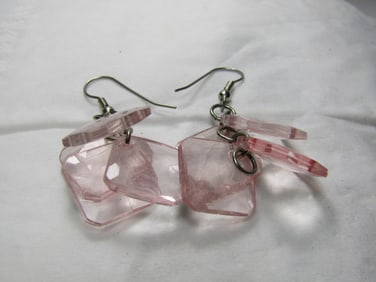 Vintage Pink Faceted Dangle Earrings, Pierced, 2"