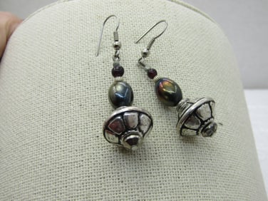 Southwestern Boho Themed Metallic & Silver Dangle Earrings, 2.25"