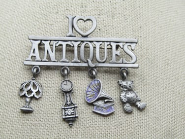 Vintage I Heart Antiques Brooch, Dangles, Signed JJ 1980's-1990's