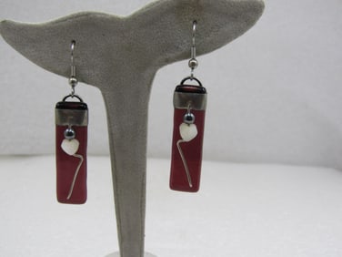 Vintage Purple Glass MOP Heart Earrings, Pierced, Handmade