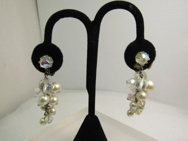 Vintage Japan Crystal Faux Pearl Earrings, Clip, Dangle, 1950's