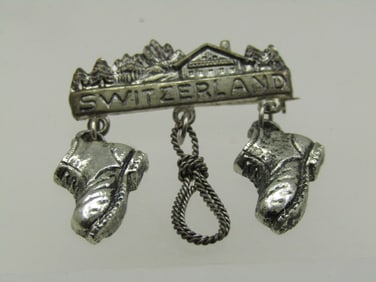 Vintage Switzerland Brooch, Village Scene with Dangles, 1.25"