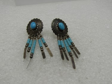 Vintage Southwestern Concho Turquoise Drop Earrings, Signed Q.T.