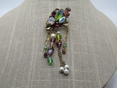 Vintage Rhinestone Victorian Themed Brooch, Four Dangles. 1980's-1990's.  3.25" long and 1.25" wide.