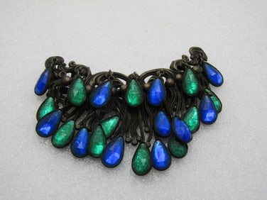 Antique Dress Clip with Dangles, 3.5" Wide, Blue/Green Glass Dangles