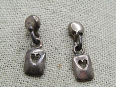 Vintage Sterling Stud/Drop Heart Earrings, Pierced, Signed