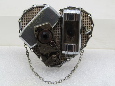 Vintage Clock Parts Heart Steampunk Brooch, Dangling Chain, 1980's
