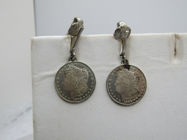 Vintage Sterling Faux 1882 Coin Earrings, Clip, 1960's