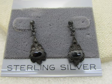 Vintage Sterling Silver Victorian Themed Earrings, Dangle, Signed MA - vintage new on card