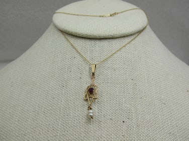 Art Nouveau14kt Ruby Pearl Lavalier Necklace, 19", Early 1900's