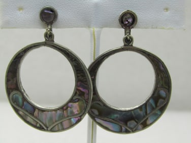 Vintage Sterling Mexican Abalone Earrings, Stud/Dangle Hoops, Screw Back, 1950's-1960's, 1.75"