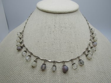 Vintage Sterling Quartz/Agate Beaded Necklace, Dangle, 16" 1980's