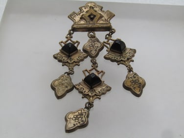 Vintage Pressed Metal Dangle Brooch, Black Glass, 1930's-1940's