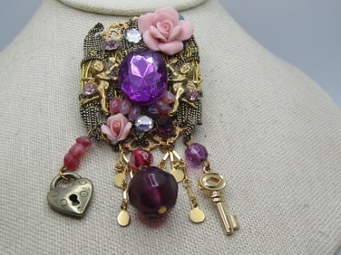 Vintage Rhinestone, Rose, Cherub Dangle Brooch, Handmade, 1980's