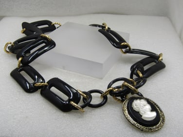 Vintage Black Lucite wtih Cameo Drop Belt, 38", 1960's