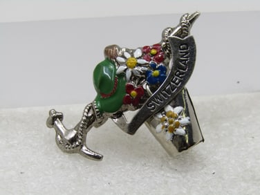 Vintage Enameled Switzerland, Pick, Rope, B ell, Edelweiss Brooch