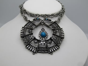 Vintage Southwestern Faux Turqoise Necklace, Medallion & Dangle, 1960's-1970's