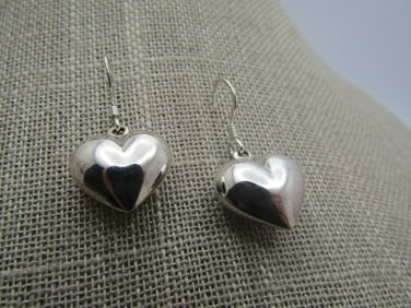 Vintage Sterling Puffy Heart Earrings, Dangle, Pierced, 1980's-1990's