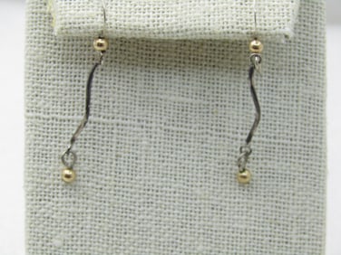 Vintage Sterling Silver Dangle Earrings, Pierced, Curved with Bead