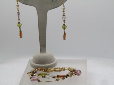 Vintage Triple Strand Crystal Bracelet, Dangle Earrings, Pierced, 1960's-1980's