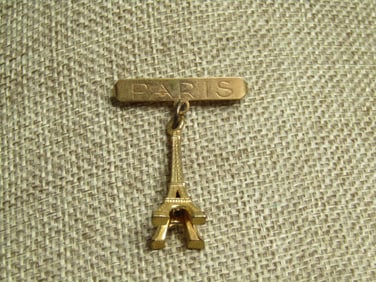 Vintage Paris Bar and Eifle Tower Brooch, Dangle, C-Clasp, 1930's-1940's