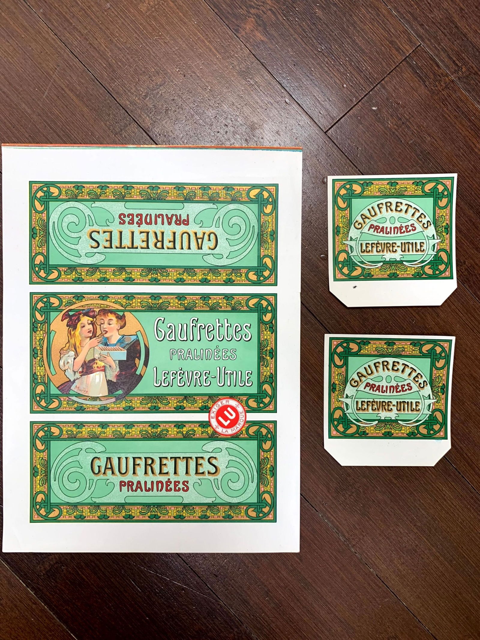 Gaufrettes Pralines Lefevre - Art by Mucha (1900) 8.5"X11.5 French Biscuit Tin Labels (1 of 4)