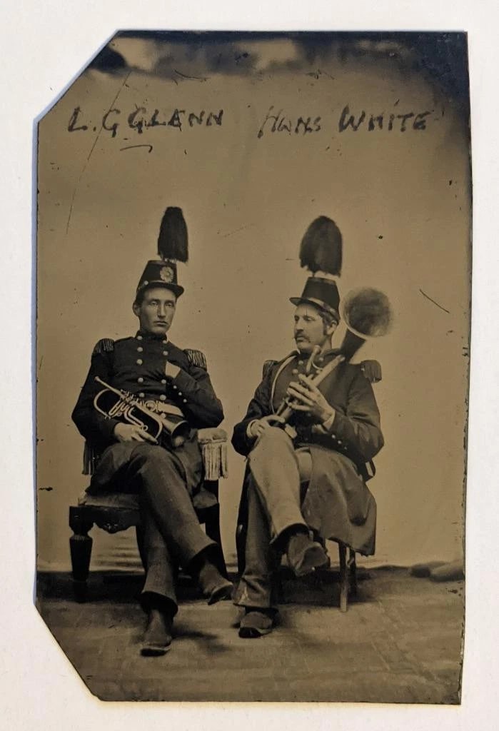 CIVIL WAR ERA TINTYPE PORTRAIT OF 2 MILITARY MUSICIANS ID'd L.G. GLENN, H. WHITE (1 of 2)