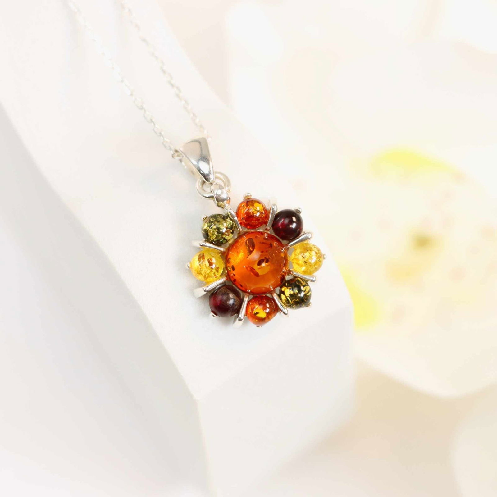 Natural Baltic Multicolor Amber Starburst Flower Pendant Necklace in 925 Sterling Silver (1 of 4)