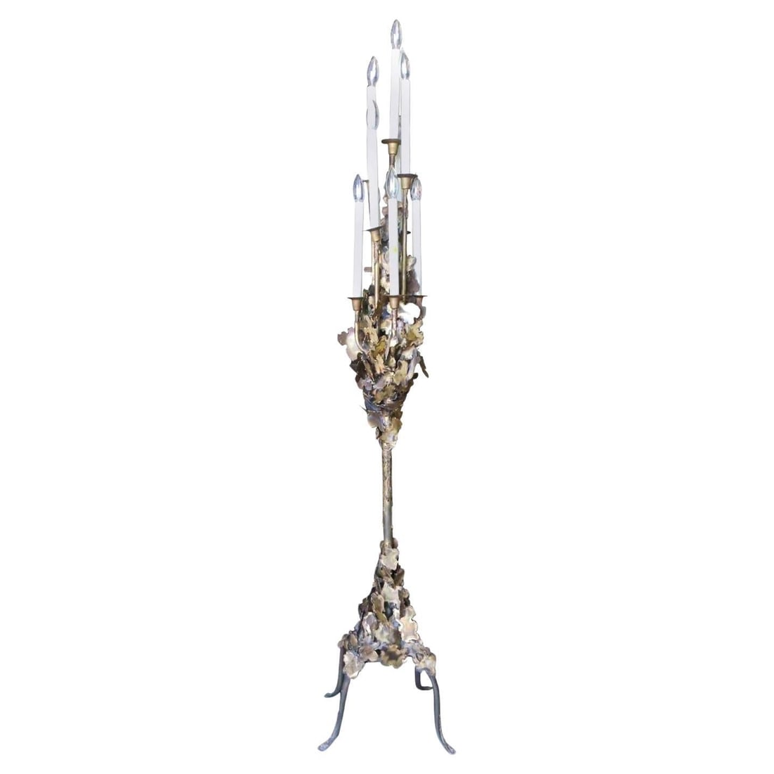 Tom Greene Style Brutalist Torch-Cut Brass Torchiere Floor Lamp: About the Item This Tom Greene style Brutalist brass Torchère features a series of multilevel of candles and sculpted torch-cut accents, circa 1970. Similar to: Tom Greene (Designer) Dimensions: