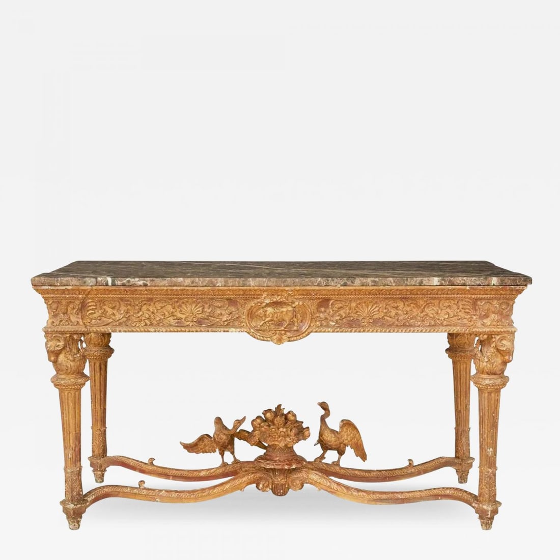 Italian Louis XVI Style Giltwood Console / Center Table, Hand Carved, Figural: Description: Large Roman-Style Giltwood and Marble-Top Center Table, Impressive Finest 20th century, after a design by Antonio Landucci, the rectangular figured marble top over a carved frieze in anth