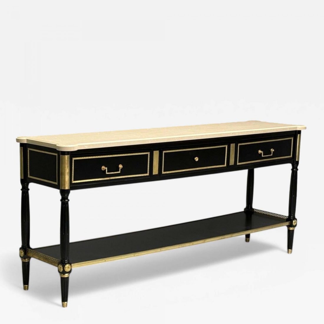 Maison Jansen attr, Hollywood Regency, Satin Black Mahogany, Large Console Table: Description: Maison Jansen Attribution, French Louis XVI, Satin Black Mahogany, Bronze, Marble, Large Console Table, France, 1940s Large Hollywood regency console table or sideboard attributed to Mais