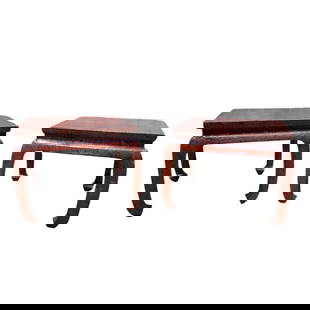 Antique Shanxi Province Red Lacquer Elm Side Tables - Pair: Vintage from before 2000 Antique Shanxi Province Red Lacquer Elm Side Tables - PairThese antique Shanxi province elm side tables have been wrapped in linen and painted with red lacquer. Their surface