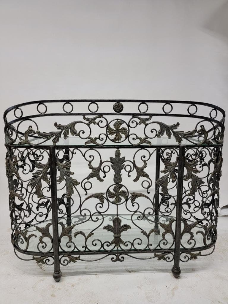 Vintage Maitland Smith Wrought Iron Oval Glass Top Sideboard/Console Table: Vintage from before 2000 Materials: metal, glass, iron Vintage Maitland Smith Wrought Forged Iron Oval Glass Top Sideboard/Console Table Gorgeous Black Ornate Wrought-Iron Forged Scrolled Foliage Moti