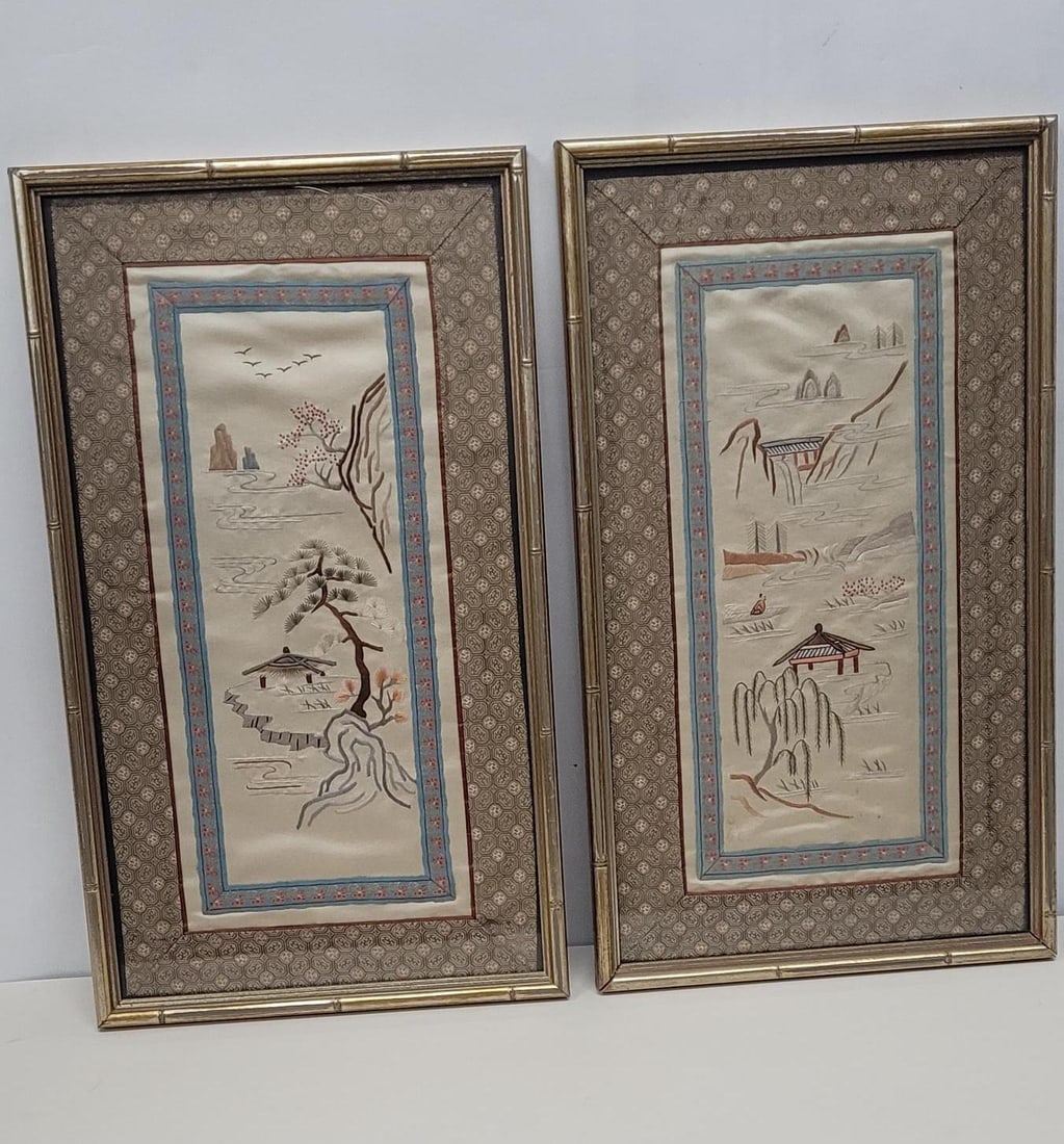 Antique Silk Embroidery Print Asian Art Tapestry Wall Hanging Wood Frame Peach Blue Gold Gilt Bamboo (1 of 8)