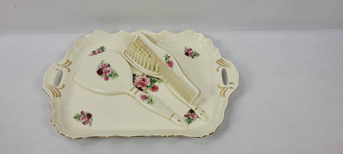 Vintage ceramic dresser vanity brush roses design hand mirror comb baum bros: Vintage Ceramic Dresser Vanity Brush Roses Design Hand Mirror Comb Baum Bro All pieces are in good condition with minor wear and scratches, the mirror has heavy scratches. The brush bristles lean to t