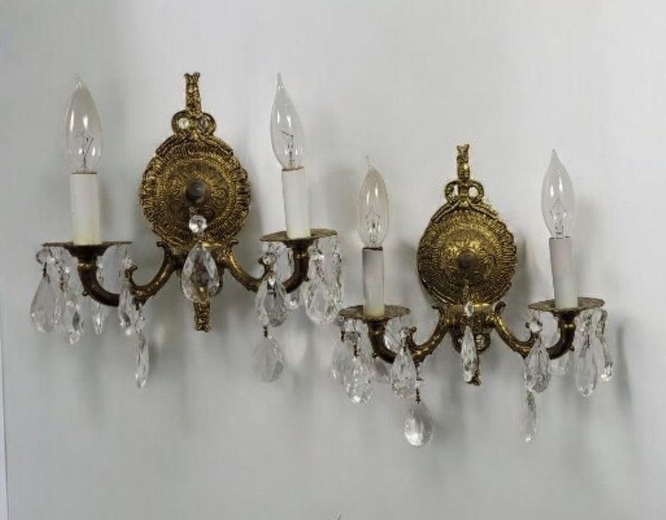 Vintage Brass Wall Sconce 2 Arm Crystal Prisms Original 1950's Romantic Regency Hollywood Glam (1 of 10)