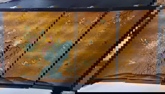 Vintage 4 Panel Lacquered Wall Painted Art Hanging Asian Decor Wood Gold Bronze Gilt Flowers Birds: Vintage 4 Panel Lacquered Wall Painted Art Hanging Asian Decor Wood Gold Bronze Gilt Flowers Birds Cherry Blossoms and butterflies 4 Panels Measures 36"H x 18"W x 1"D each In good condition with only