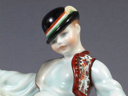 Herend Porcelain Figurine Hungarian Boy ridding goose Large Hungary 5515: This is an exceptional Figurine made by Herend in Hungary. The figurine is marked with Herend older backstamp on the bottom. It has number 5515 and some embossed letters It features a b0y in tradition