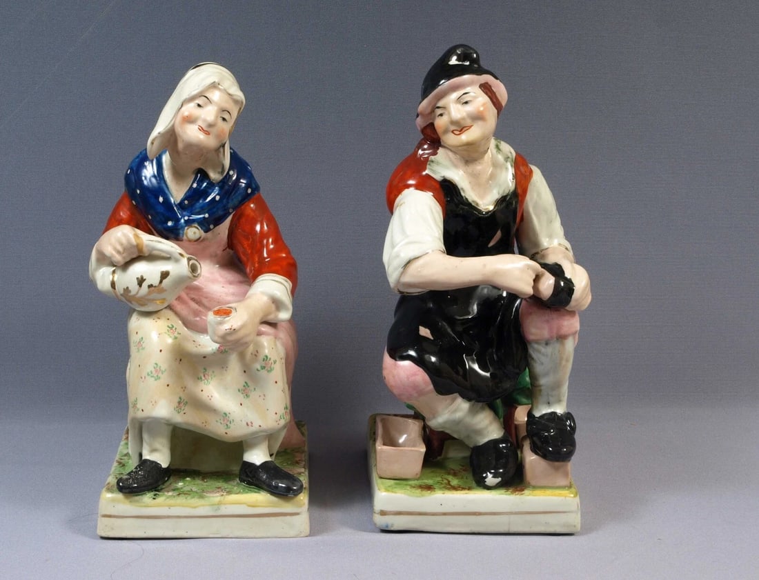 STAFFORDSHIRE Figurines COBBLER & HIS WIFE 'JOBSON & NELL LARGE C1850 (1 of 8)